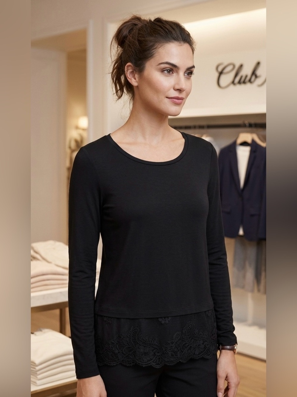 Club Monaco‎ Black Long Sleeve Top Sheer Lace Hem Extender Blouse Size S